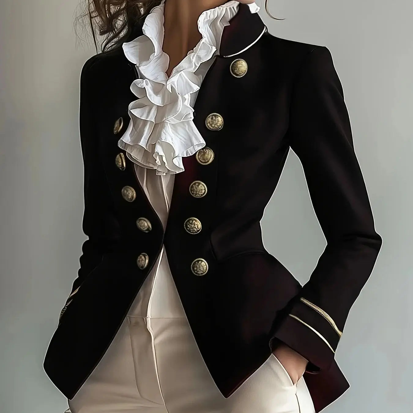 Elegant Black Double-Breasted Blazer with Golden Buttons -Long Sleeves, Polyester Fabric, Perfect for Spring/Fall, Formal Attire