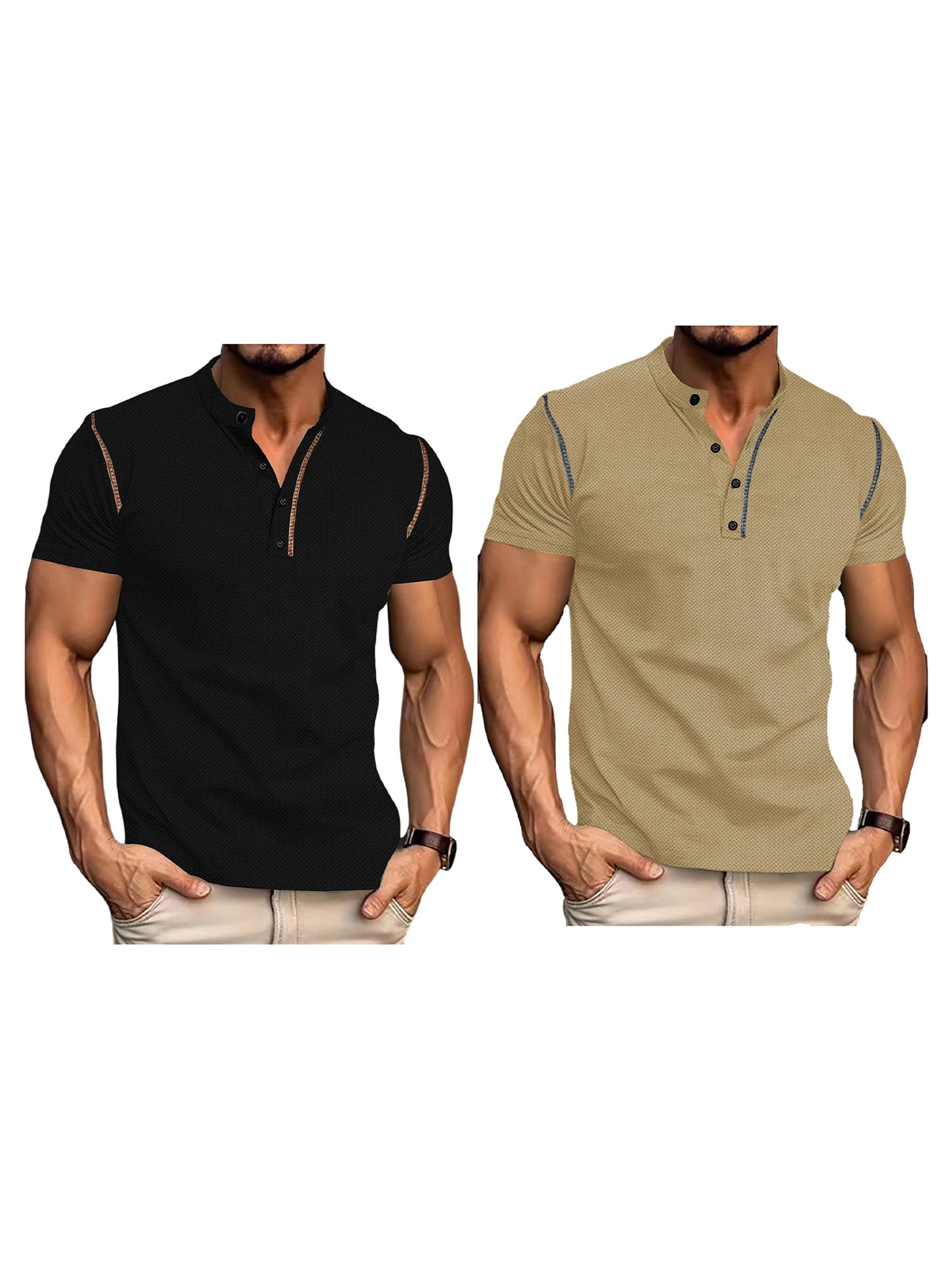 Men s  Fit Henley Short Sleeve T-Shirt with Contrast Stitching Casual Summer Top for Streetwear Style