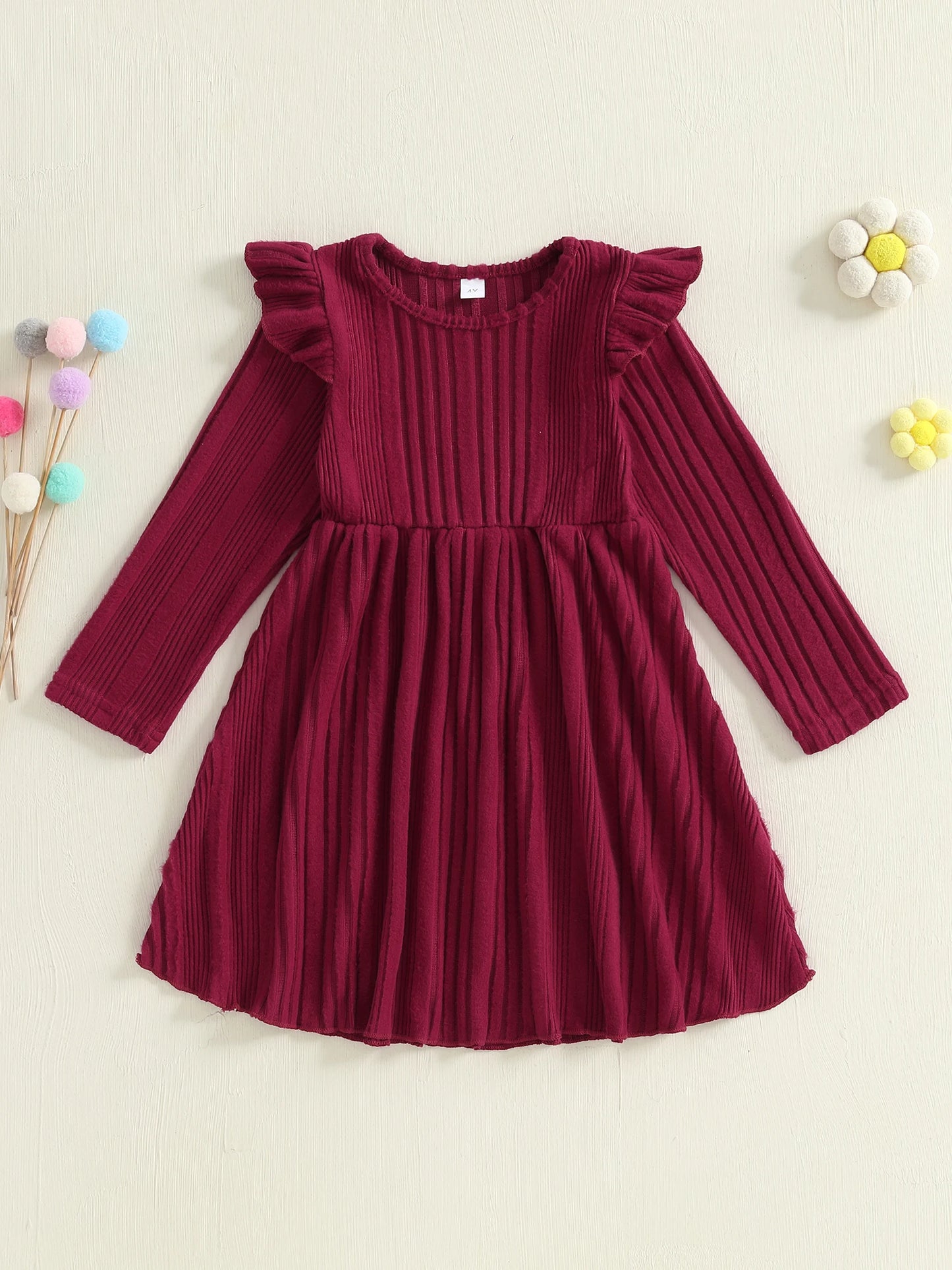 Toddler Girl Winter Sweater Dress Warm Knitted Long Sleeve Ruffle Hem A-Line Dress Casual Solid Color Baby Clothes Cute