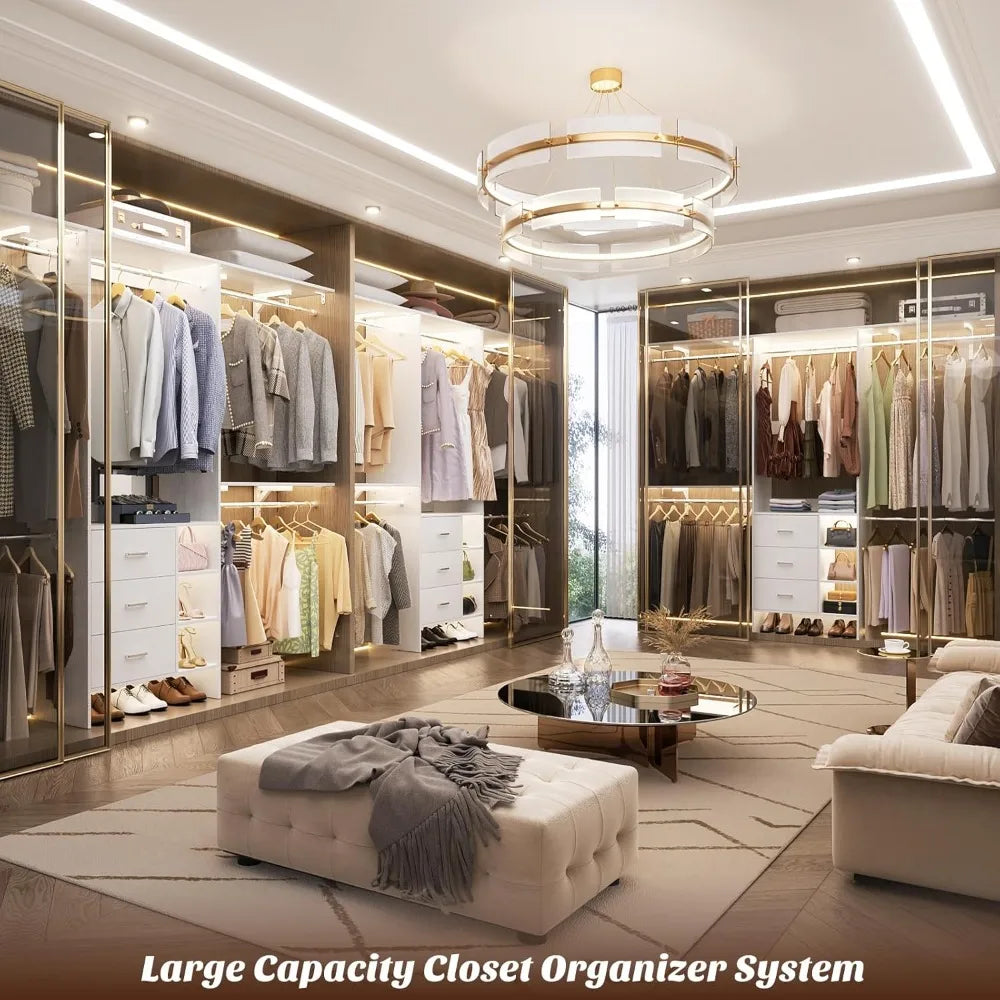Closet System, Closet Organizer with 3 Wooden Drawers, 8FT Closets Organizer System, 96’’ Walk-in Closet Wardrobe Clothes
