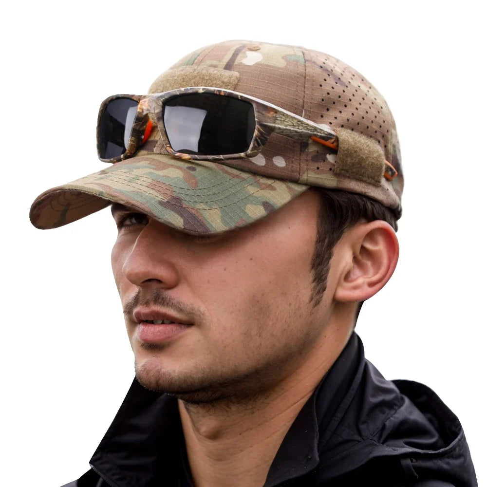 Men Camouflage Baseball Cap Breathable Sunscreen Hat for Outdoor Sports Hiking Fishing Sun Hat with Velcro Can Hang Sunglasses