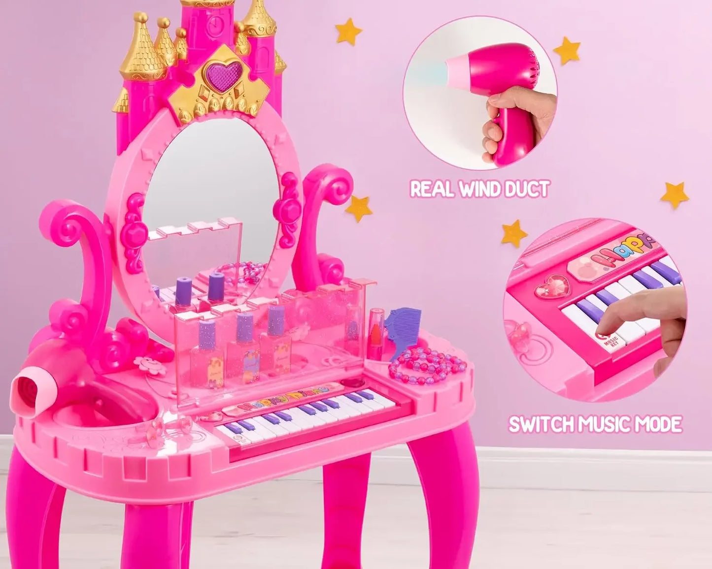 Vanity Makeup Table Toy with Adjustable Mirror, Comfortable Seat, Electronic Organ, Lights for Little Girls Toddler Vanity Set
