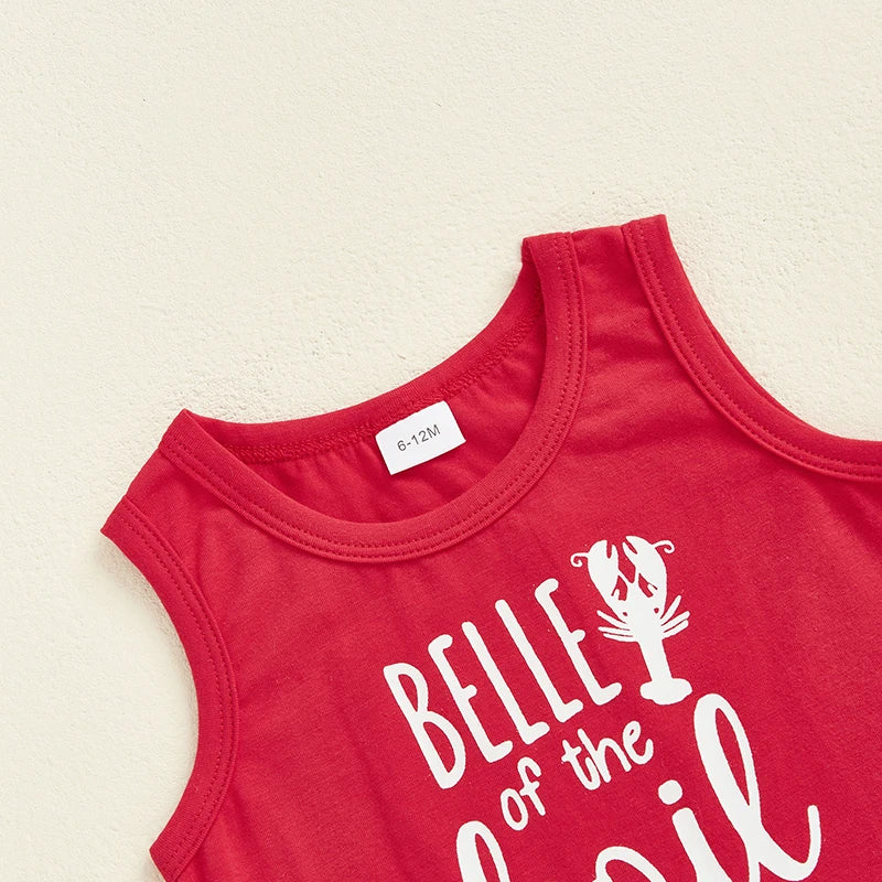 Girls Sleeveless Tank Top and Flare Pants Set Featuring Fun Letters and Lobster Print Design for a Stylish Summer Look