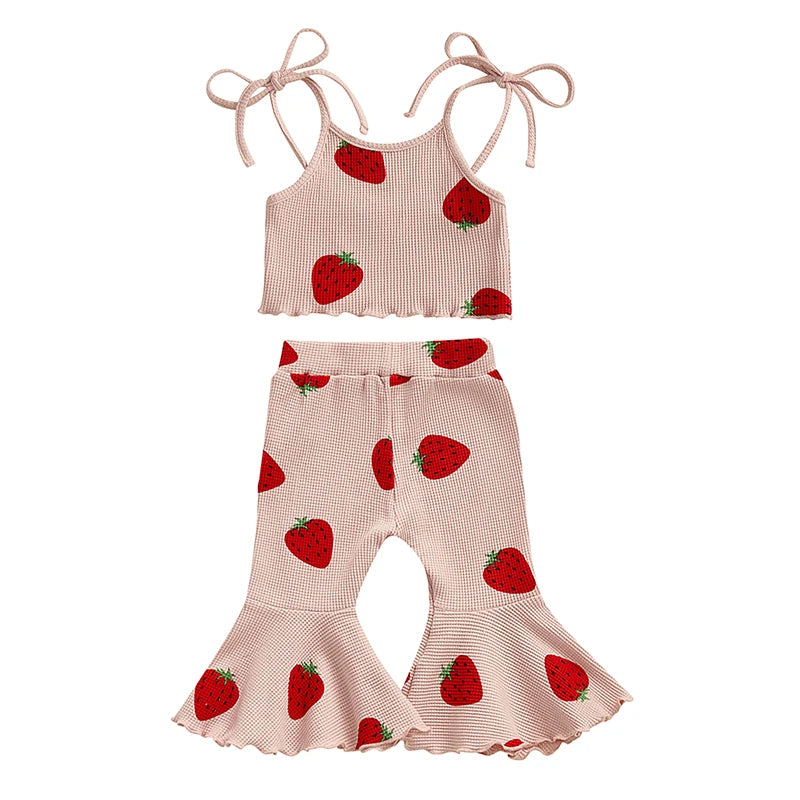 Girls Summer Outfits Adorable Bowknot Print Tie-Up Spaghetti Strap Sleeveless Tank Top with Flare Pants - 2 Piece Clothing Set