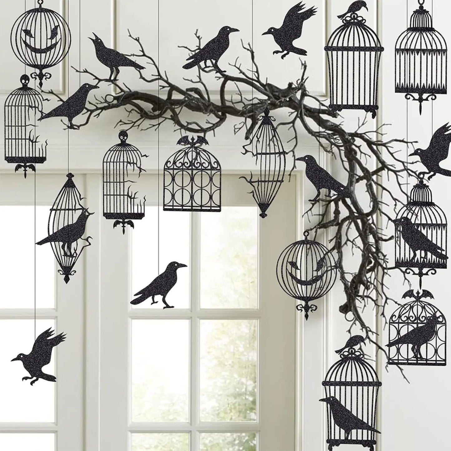 Party Decoration Glitter Black Crow Bird Cage Hanging Decoration Window Pendant