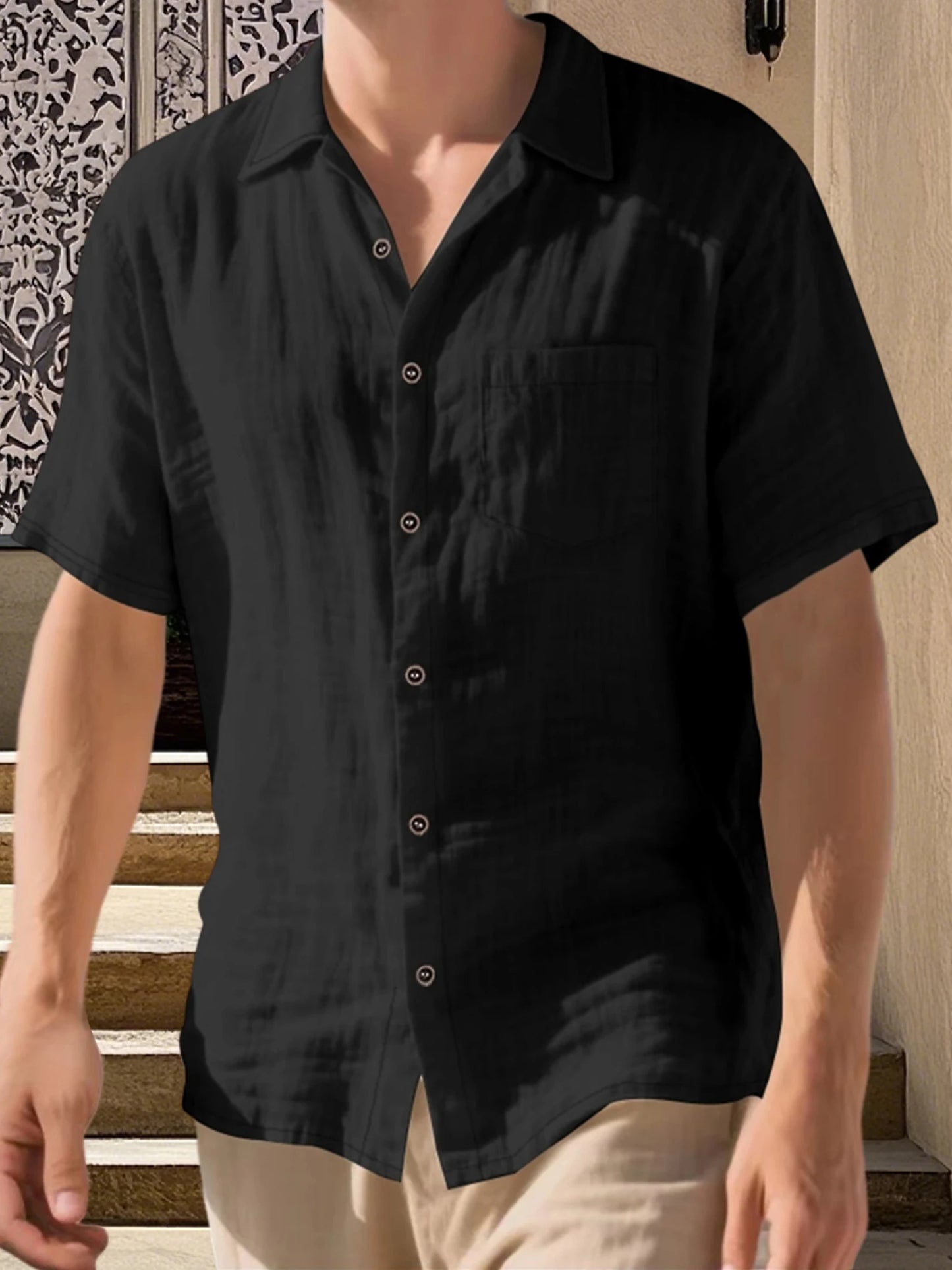 Men s Lightweight Linen Short Sleeve Button-Down Shirt Casual Solid Color Breathable Summer Tops Loose Fit Lapel Collar