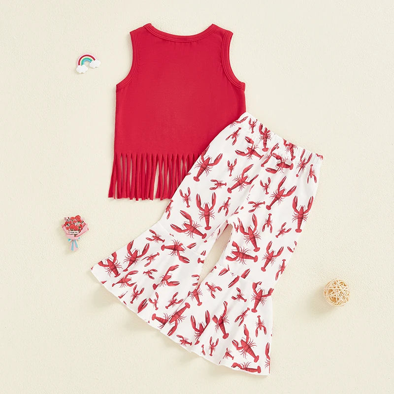 Girls Sleeveless Tank Top and Flare Pants Set Featuring Fun Letters and Lobster Print Design for a Stylish Summer Look