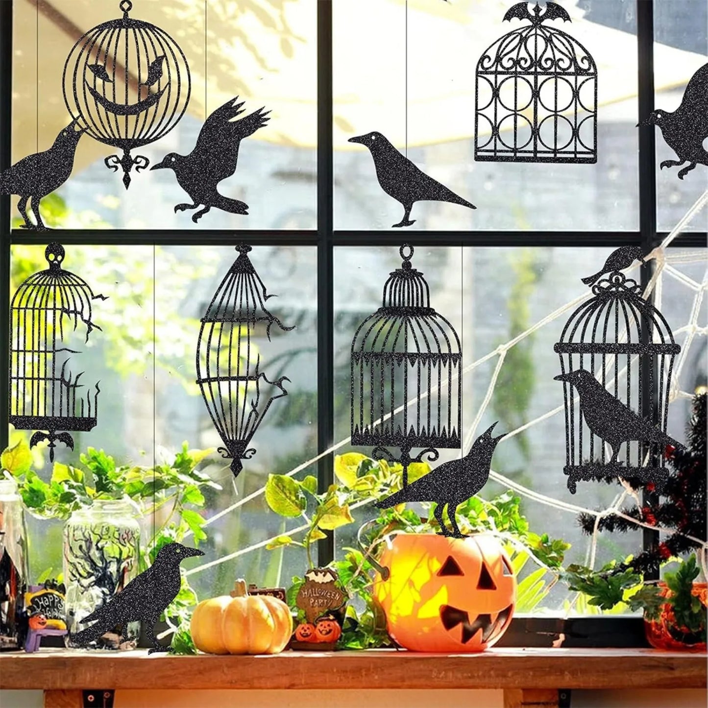 Party Decoration Glitter Black Crow Bird Cage Hanging Decoration Window Pendant