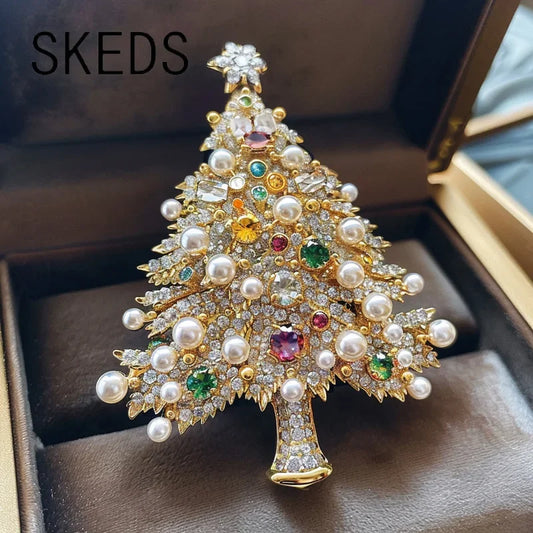 Women Men Luxury Crystal Christmas Tree Pearl Brooch Jewelry Classic Vintage Unisex Party Banquet Pin New Yearl Gift