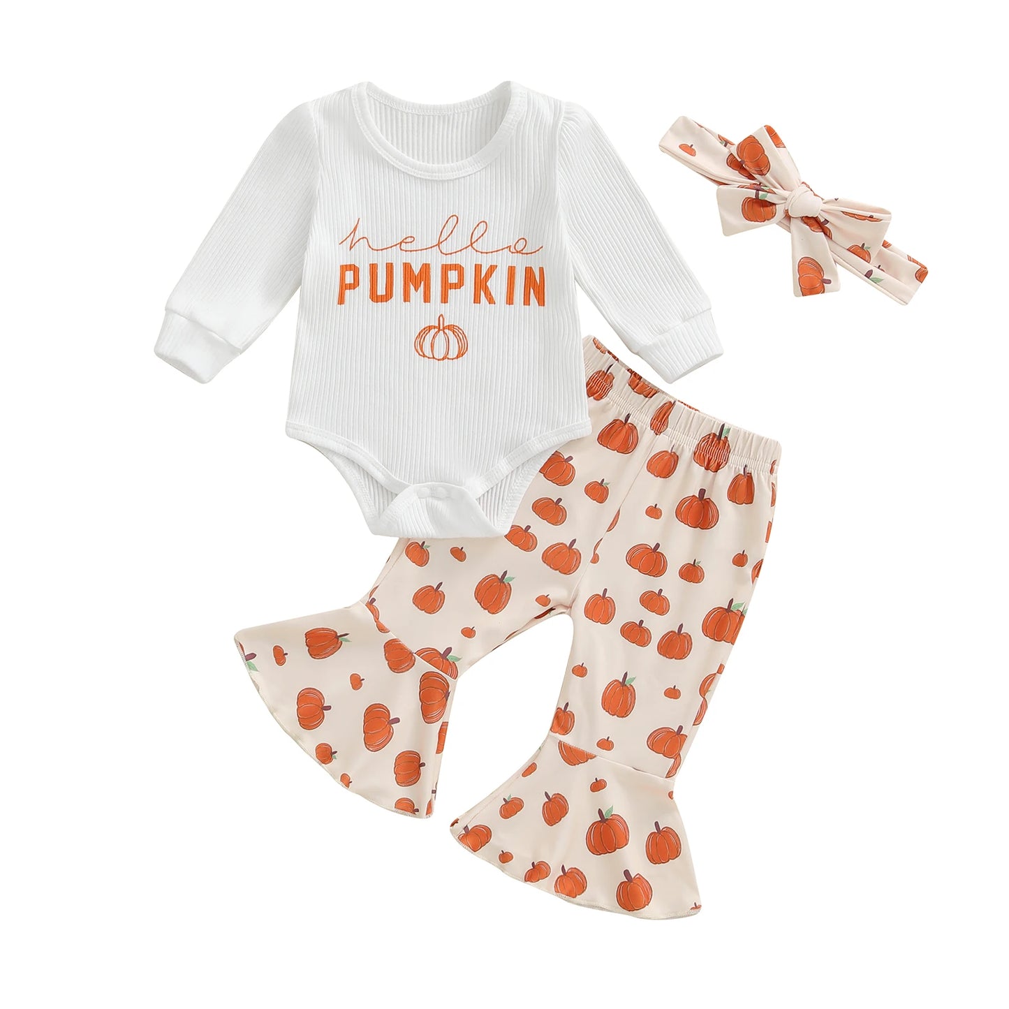 Toddler Girl Halloween Costume Ghost Print Long Sleeve Romper Flare Pants and Headband 3 Piece Set for Party