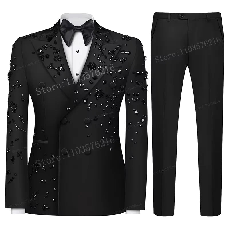 Customized Slim Fit Mens 2 Piece Double Breasted Suit Luxury High Quality Diamond Ornament Tuxedos For Business Wedding Groom