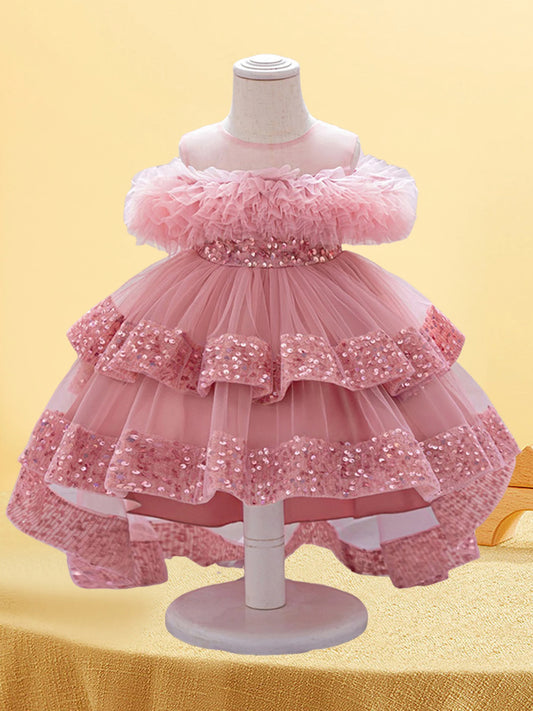 Girls Sparkly Sequin Princess Dress with Tulle Skirt and High-Low Hemline Perfect for Birthday Parties and Weddings