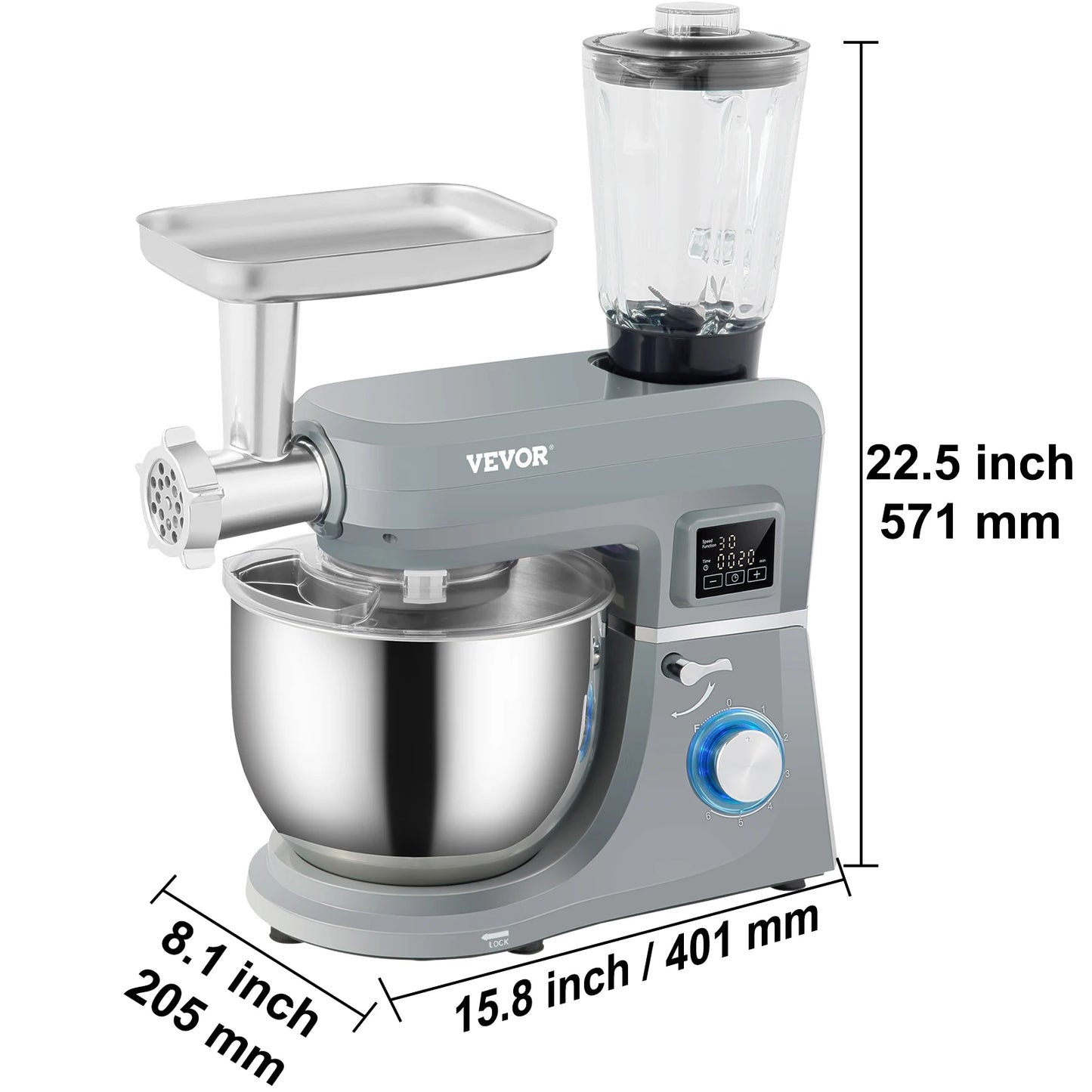 SucceBuy 5 In 1 Stand Mixer 6 Speeds LCD 7.4 Qt Dough Hook