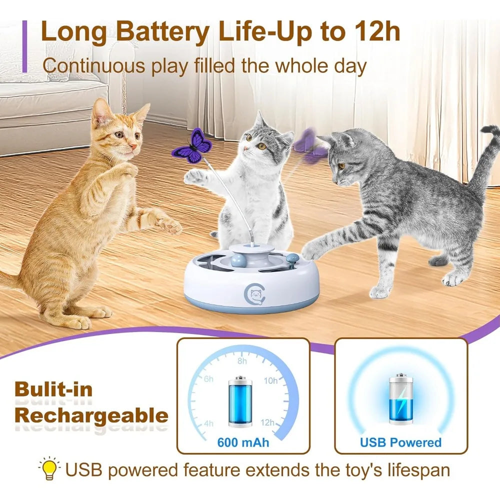 Cat Toys 3 in1 Automatic Interactive Kitten Toy, Moving Ambush Mouse, Fluttering Butterfly, Track Balls, USB Powered, Indoor Exe