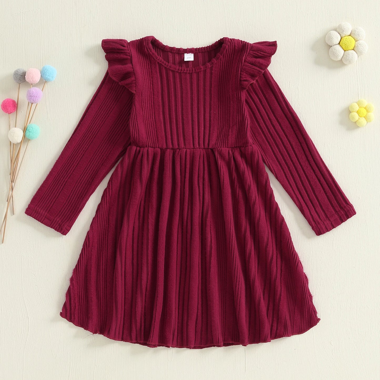 Toddler Girl Winter Sweater Dress Warm Knitted Long Sleeve Ruffle Hem A-Line Dress Casual Solid Color Baby Clothes Cute