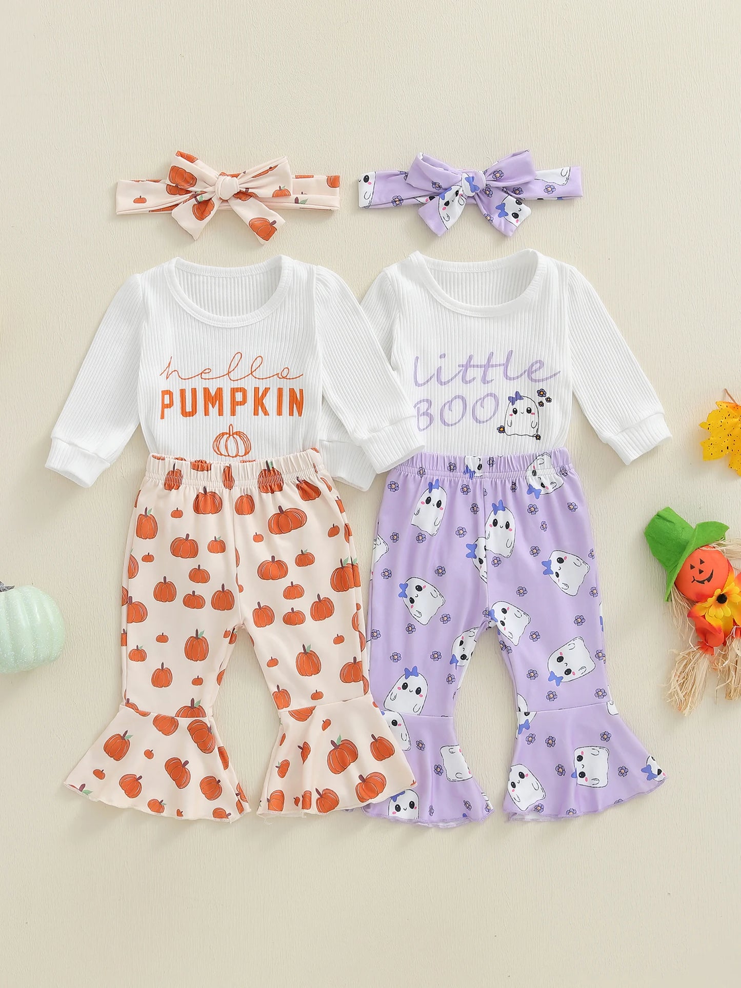 Toddler Girl Halloween Costume Ghost Print Long Sleeve Romper Flare Pants and Headband 3 Piece Set for Party