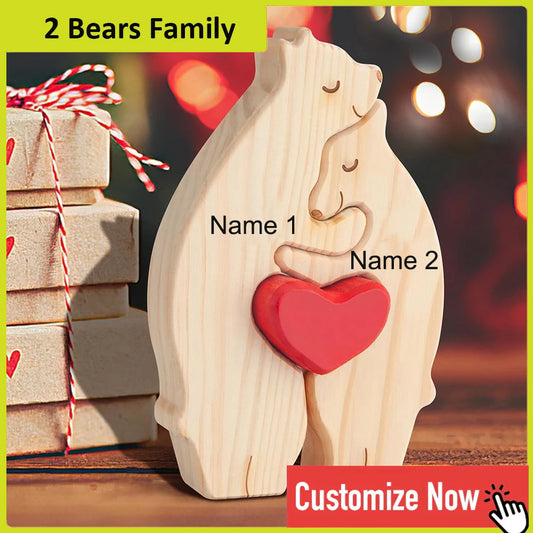 Personalized Custom Bear Family Wooden Puzzle DIY Free Engraving Name Sculpture Home DeskDecor Figurines Christmas Birthday Gift