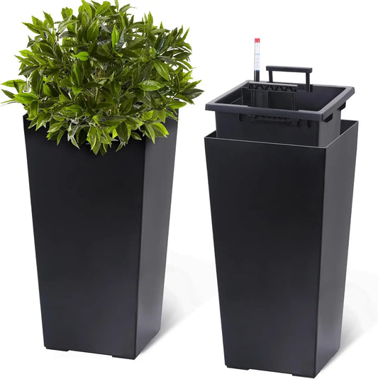 2 PCS 22.4 Inch Tall Planter Indoor ＆ Outdoor Black Taper Planter with Shelf Insert Self-Absorbing Plastic Flower Pots