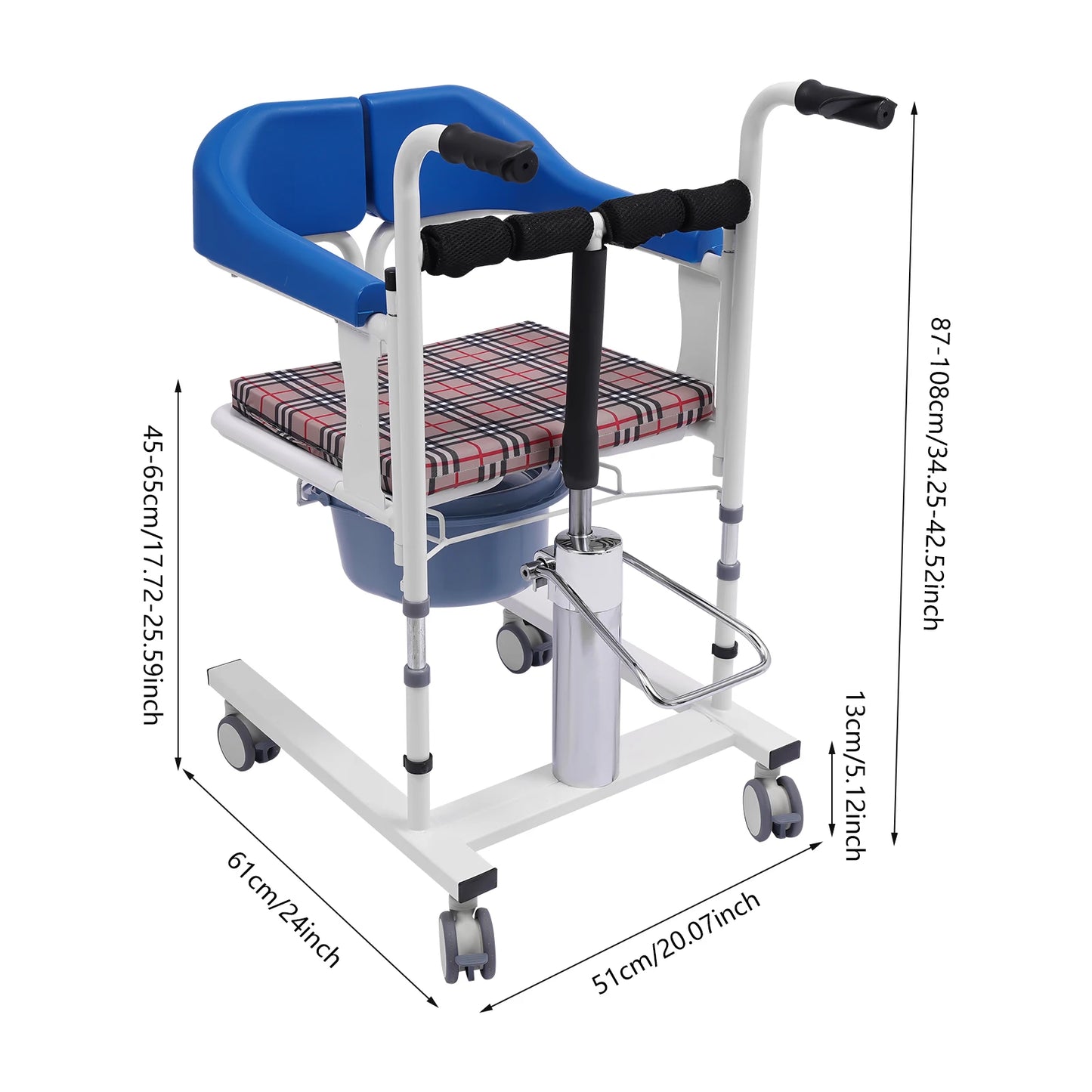 Hydraulic Patient Lifting Wheelchair 198.4lbs Load Portable Potty Transport Wheelchair 16.5-24in Adjustable Height 180° Backrest