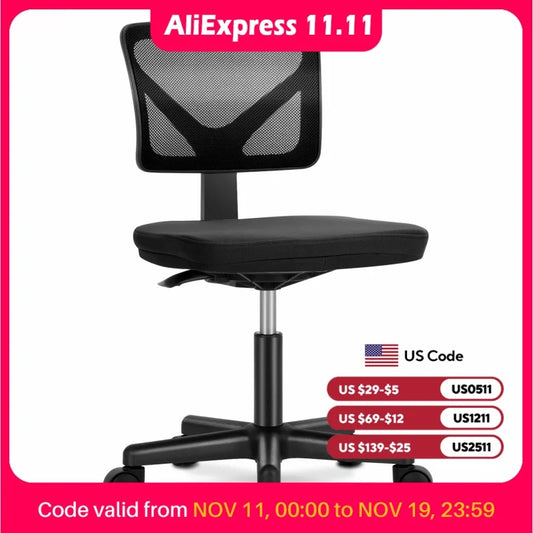 JHK Mesh with Lumbar Support Armless Office Chair Low Back with Wheels Adjustable Height 360° Rolling Swivel Computer Chair