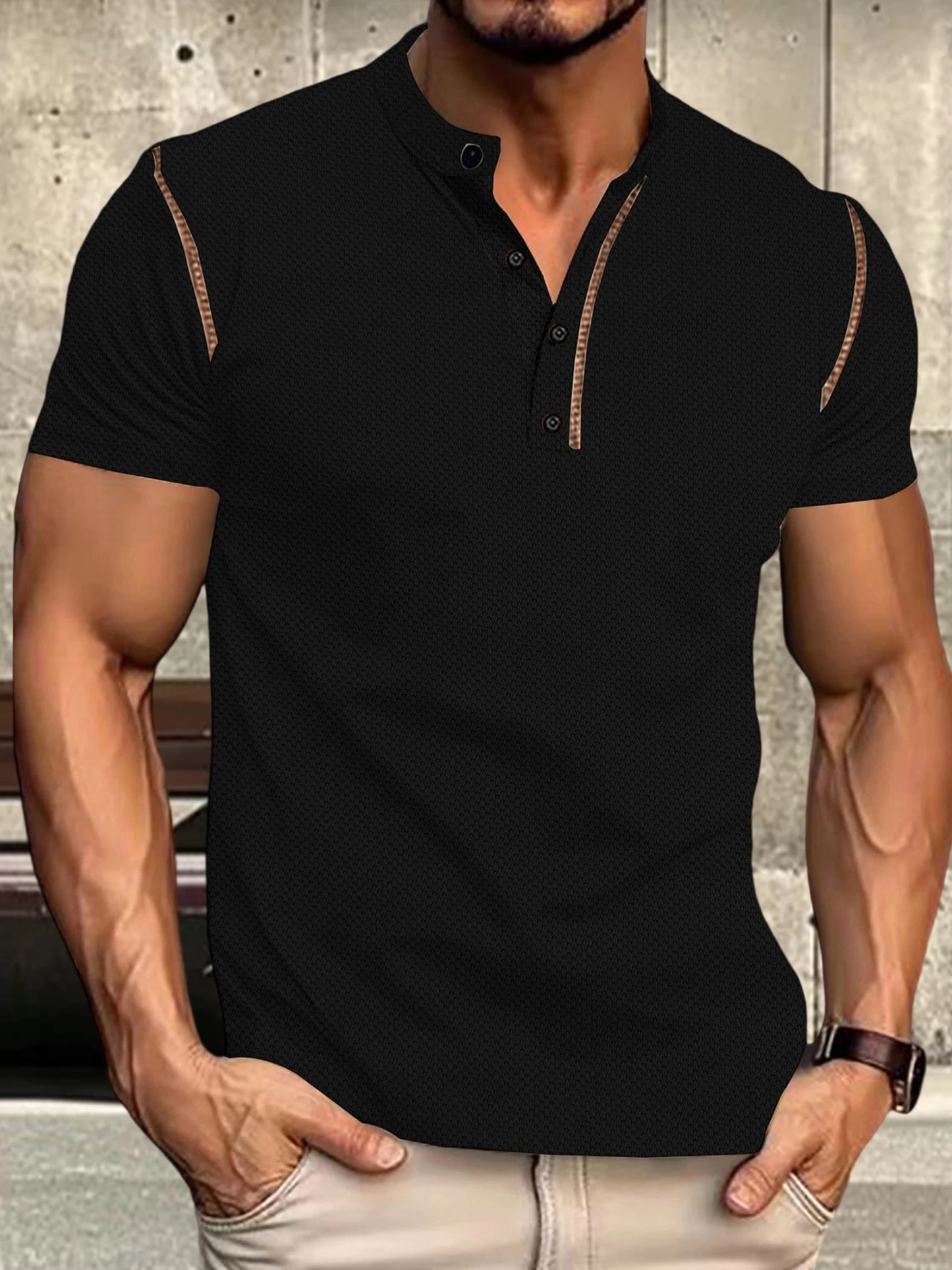 Men s  Fit Henley Short Sleeve T-Shirt with Contrast Stitching Casual Summer Top for Streetwear Style