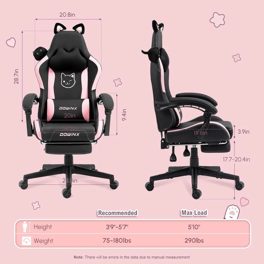 Cute Cat Ear Gaming Chair with Massage Lumbar Support, Ergonomic Computer Chair for Women with Footrest and Headrest