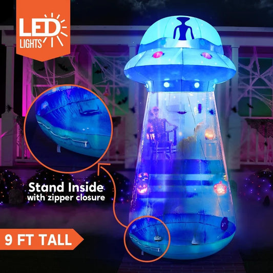 A 9-foot tall inflatable UFO decoration suitable for Halloween, featuring blue flat edges and built-in color-changing LED