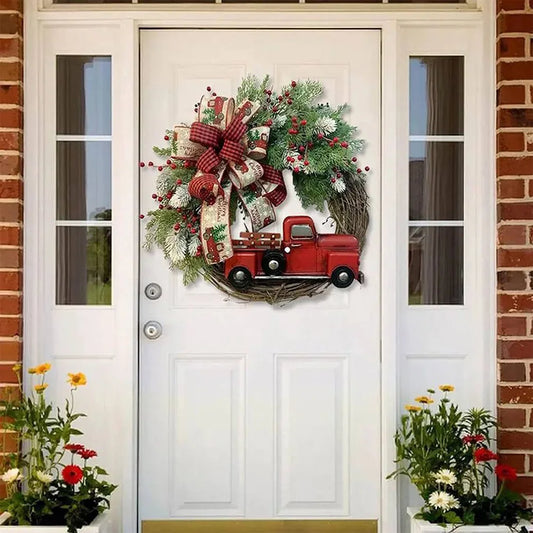 Red Truck Front Door Wreath with Pine Cones Vintage Farm Wreath Fall Wreath for Thanksgiving Xmas Decor