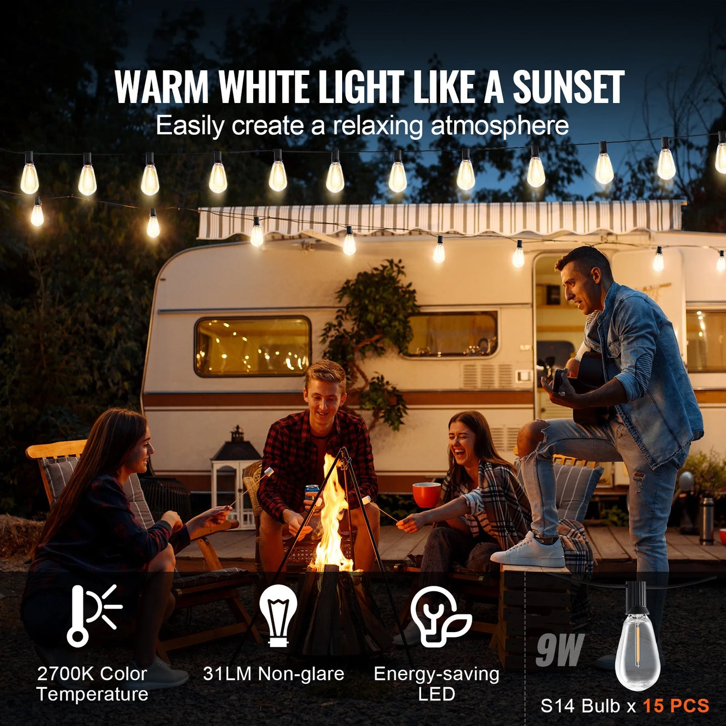 SucceBuy LED Outdoor String Lights 2700K Dimmable Outside Patio Waterproof Hanging Lights for Porch Backyard Garden Balcony