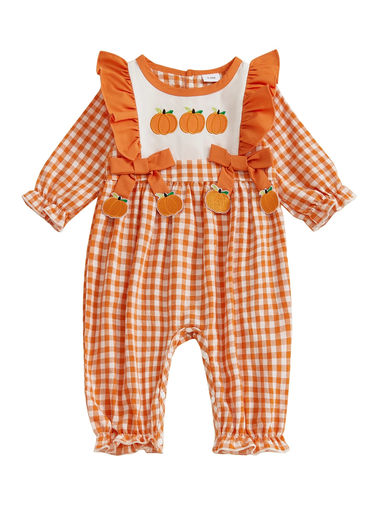 Adorable Infant Girls Fall Plaid Romper with Festive Pumpkin and Turkey Embroidery Cozy Long Sleeve Jumpsuit for Thanksgiving