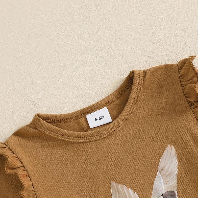 Girls Summer Outfits Adorable Duck Bow Print Ruffles Short-Sleeve Top and Elastic Flare Pants Set for a Stylish Look