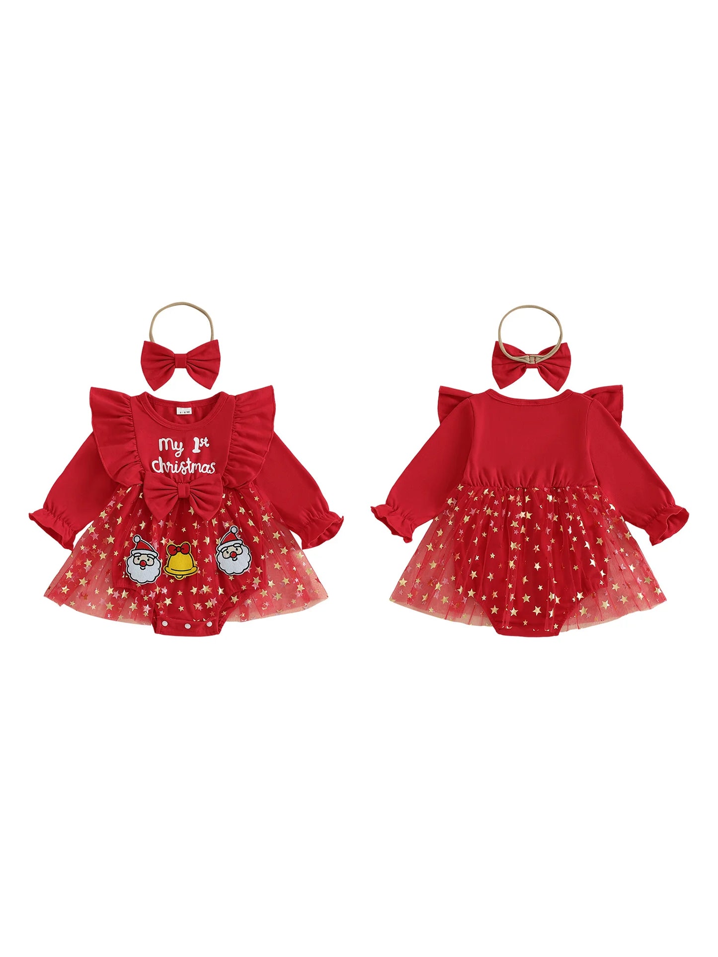 Toddler Girl Christmas Reindeer Print Long Sleeve Romper Dress with Matching Headband and Bow - Festive Holiday Outfit