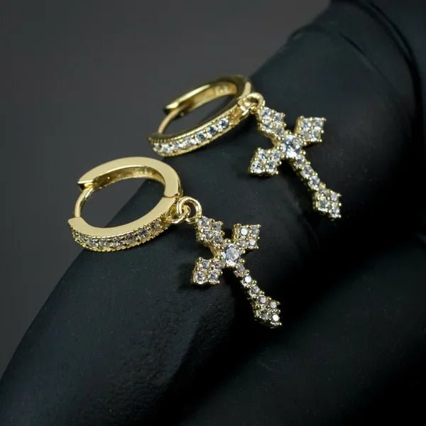 Fashion Punk Gold Color Cross Stud Earrings Hip Hop White Litter Rhimestone Jewelry Piercing Studs for Women Men Ear Accessories