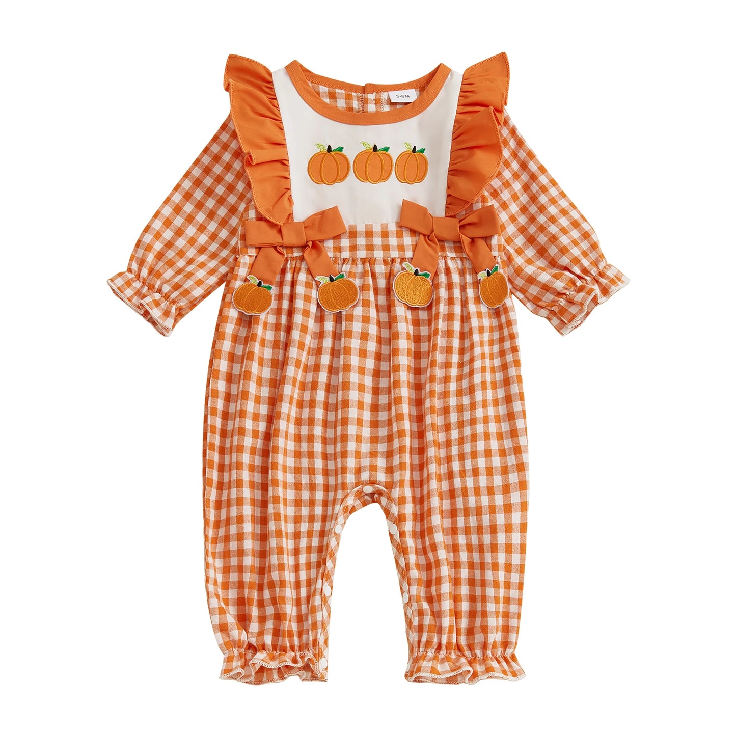 Adorable Infant Girls Fall Plaid Romper with Festive Pumpkin and Turkey Embroidery Cozy Long Sleeve Jumpsuit for Thanksgiving