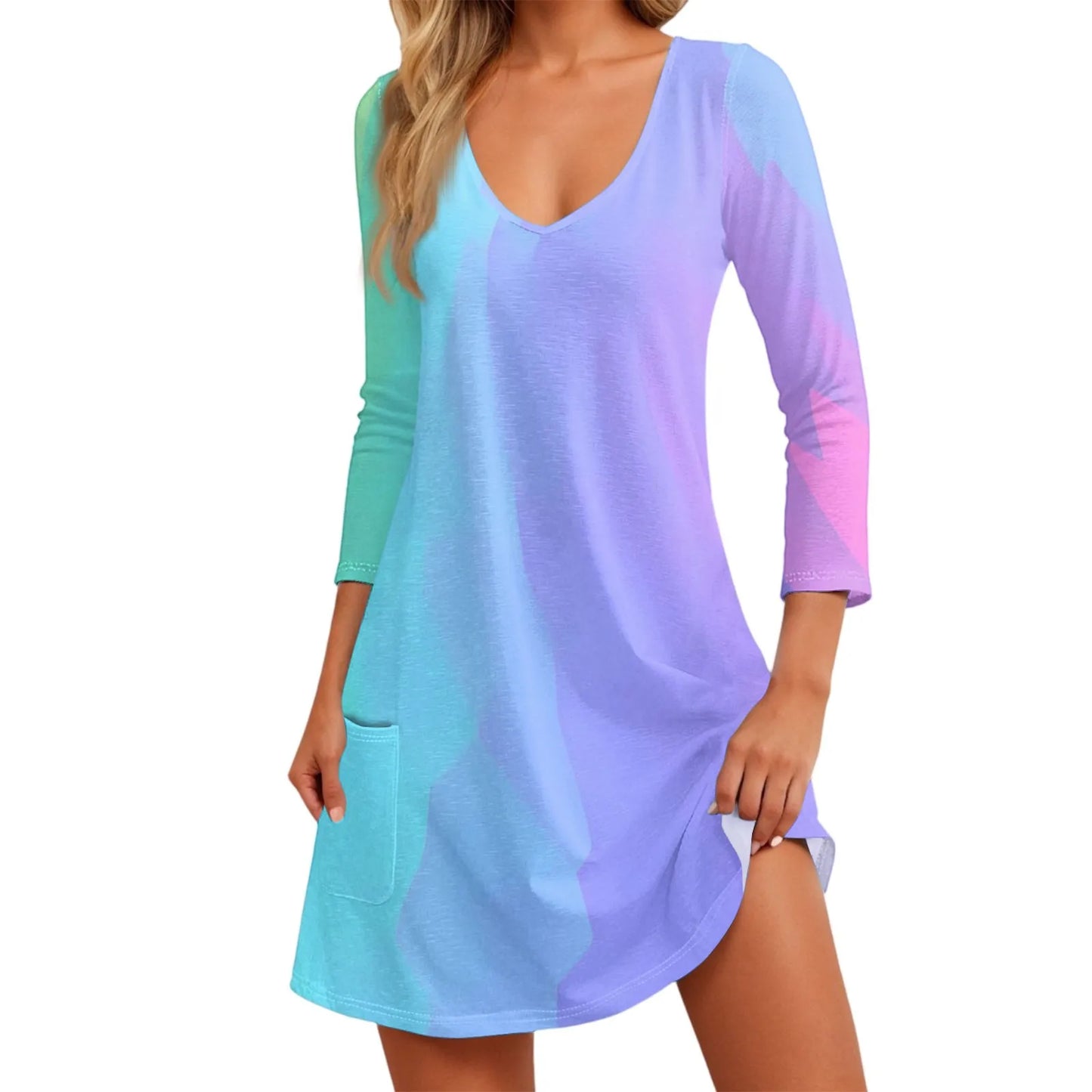 Women'S Fashion Casual V-Neck Floral Print Pocket Three-Quarter Sleeve Dress Vestidos Para Mujer Female Dress Y2k Traf Hot