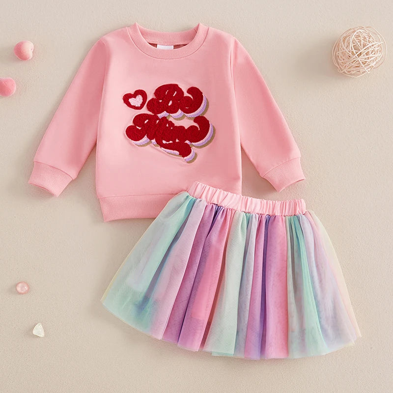 Adorable Toddler Girl Valentine s Day Outfit with Heart Embroidery and Pink Tulle Skirt - 2 Piece Set for a Sweet Look