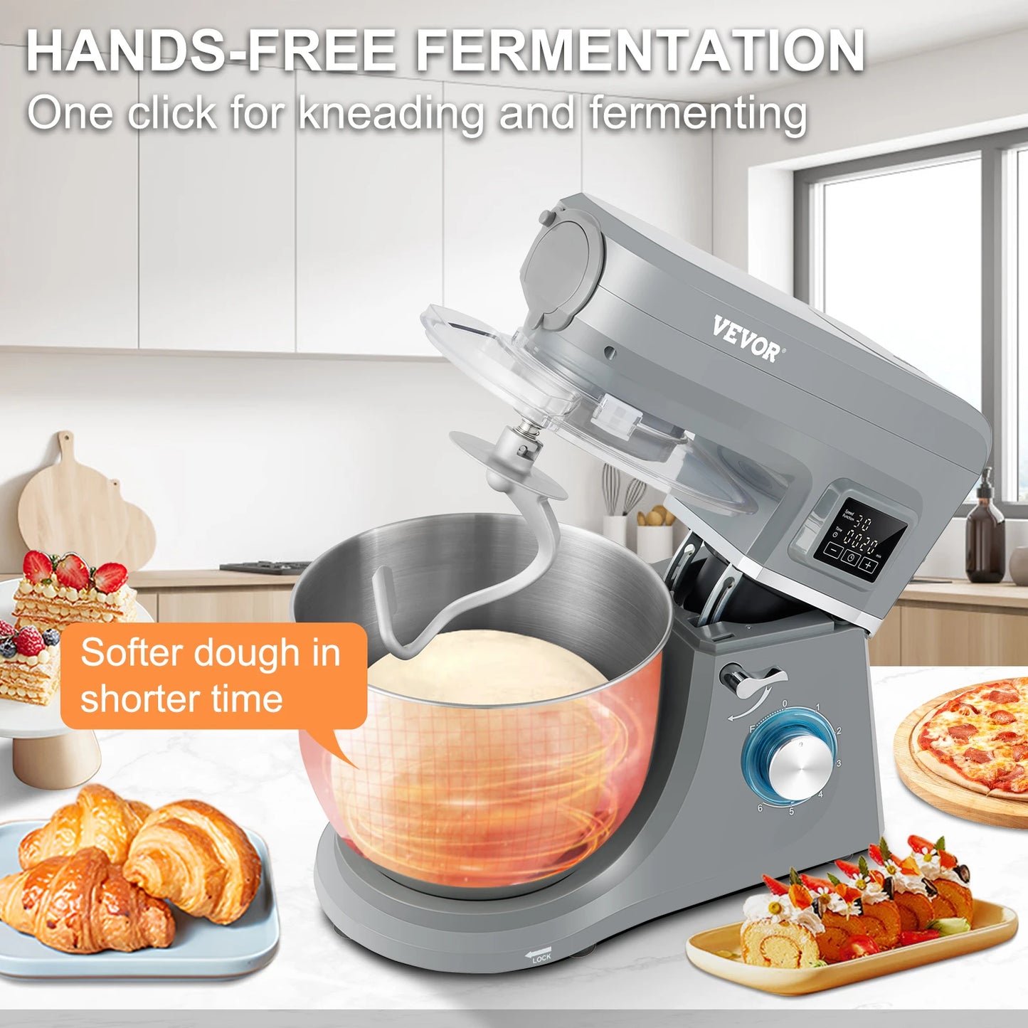 SucceBuy 5 In 1 Stand Mixer 6 Speeds LCD 7.4 Qt Dough Hook