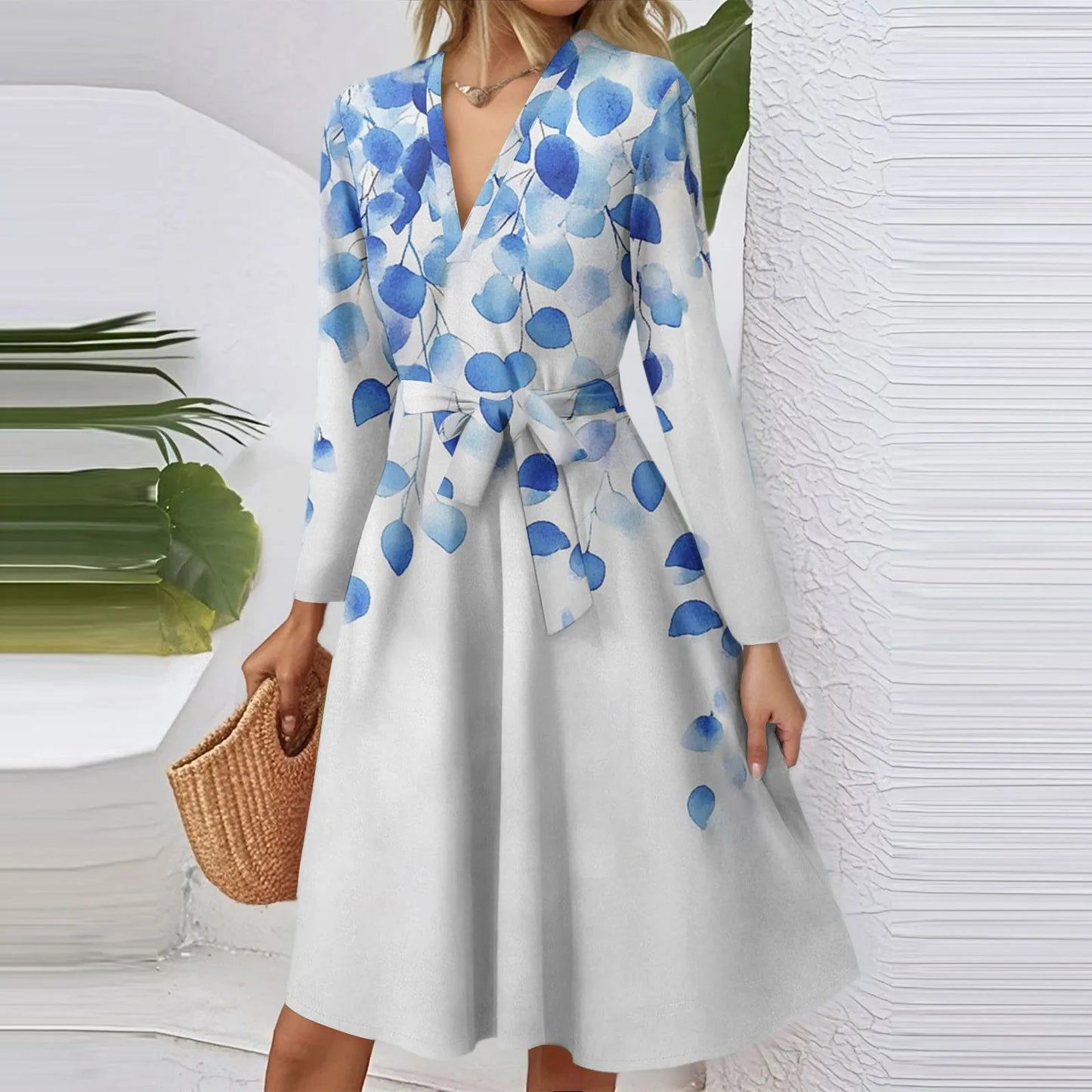 Women'S Fashion Casual V-Neck Long Sleeve Waist Floral Print Midi Dress Vestidos Para Mujer Female Dress Y2k Traf Roupas Feminin