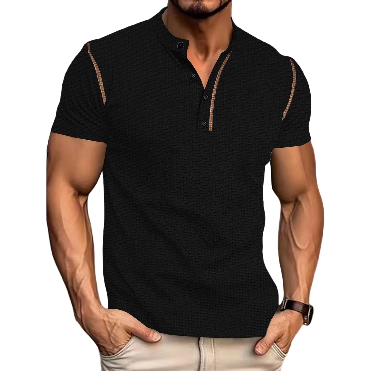 Men s  Fit Henley Short Sleeve T-Shirt with Contrast Stitching Casual Summer Top for Streetwear Style