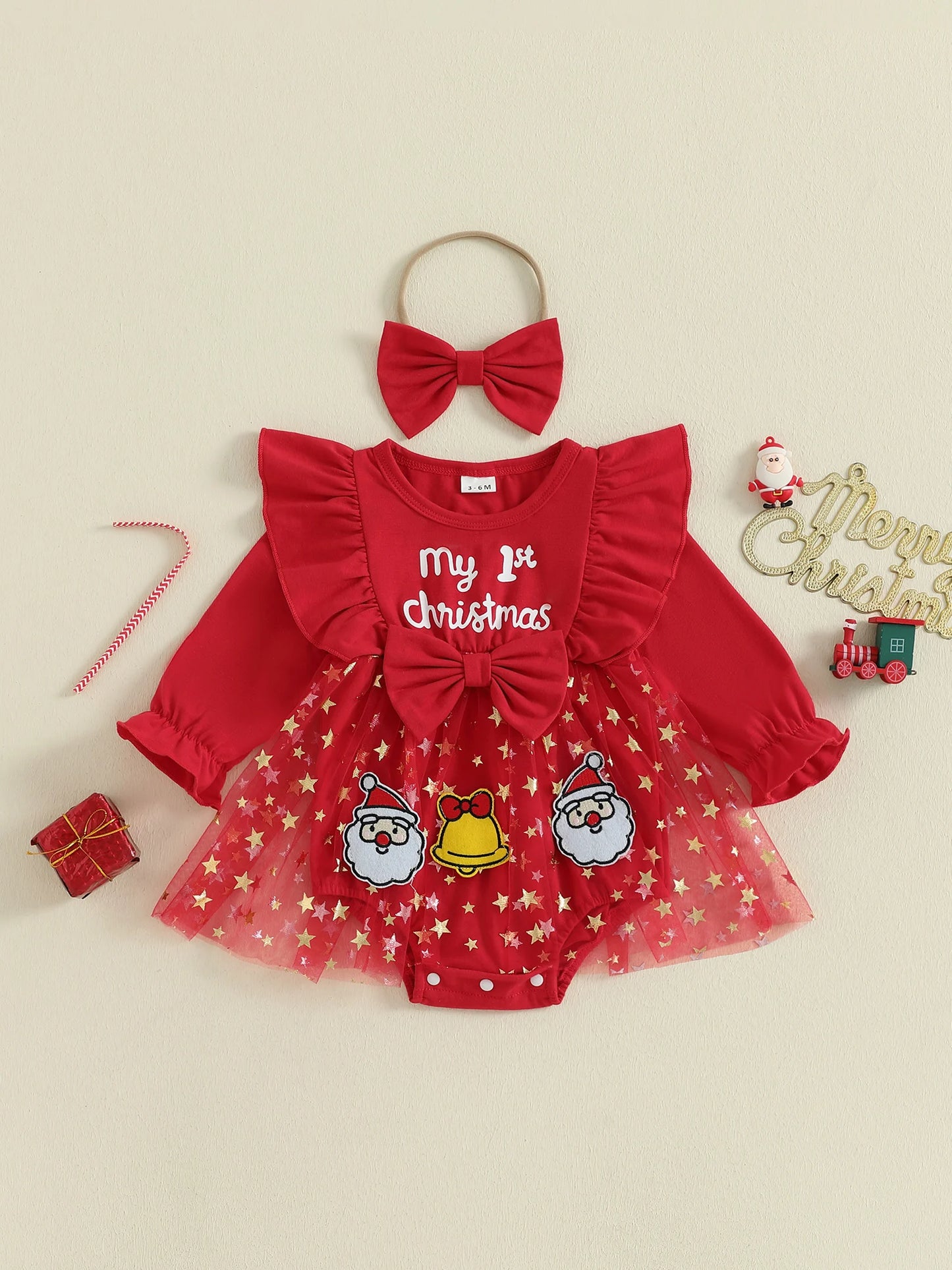 Toddler Girl Christmas Reindeer Print Long Sleeve Romper Dress with Matching Headband and Bow - Festive Holiday Outfit