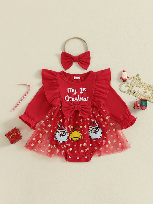 Toddler Girl Christmas Reindeer Print Long Sleeve Romper Dress with Matching Headband and Bow - Festive Holiday Outfit