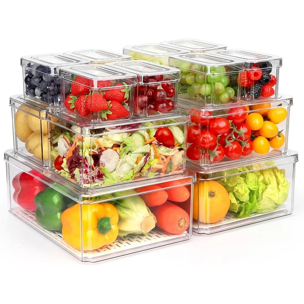 10 Pack Refrigerator Pantry Organizer Bins, Stackable Fridge Organizer Bins with Lids, Clear Plastic Food Storage Bins
