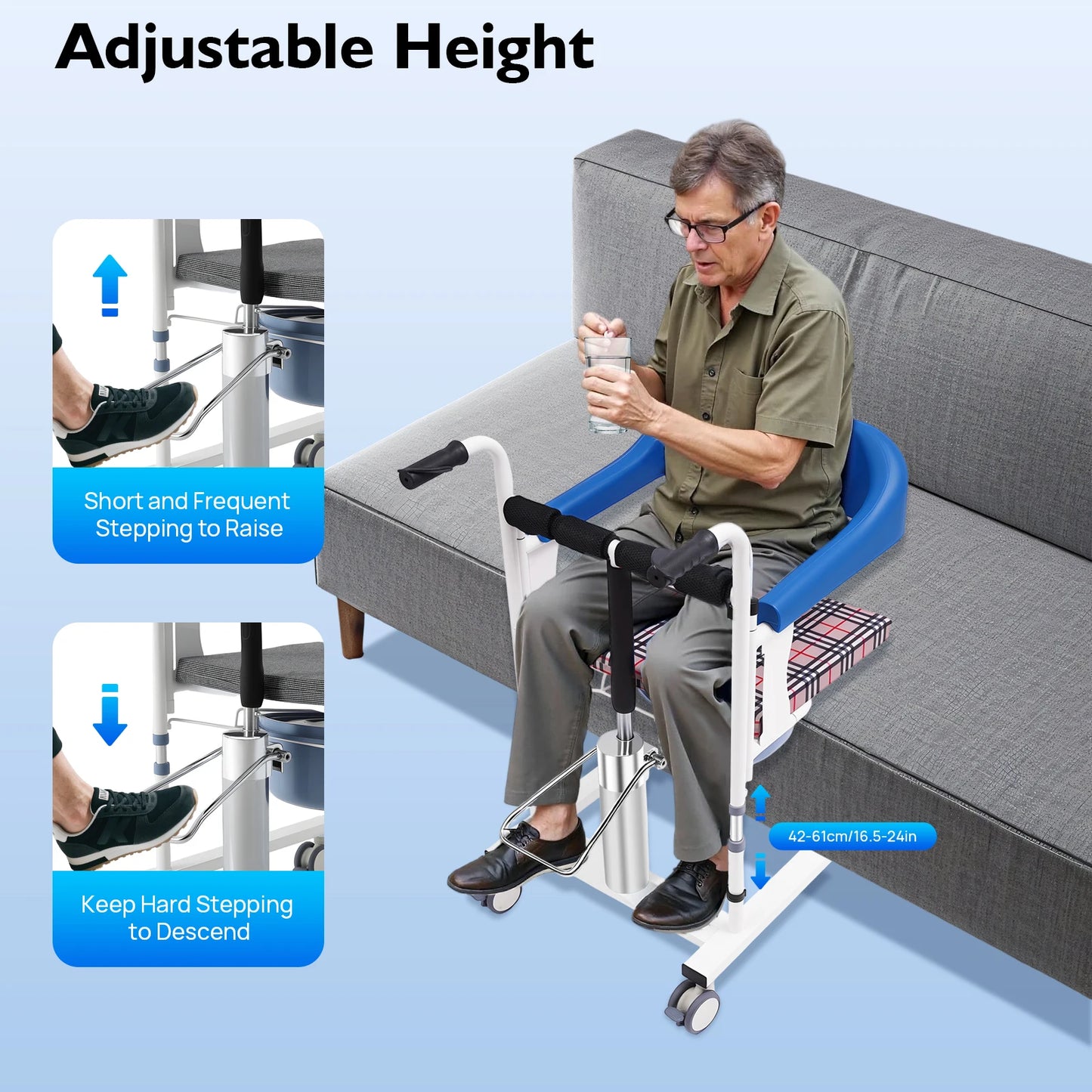 Hydraulic Patient Lifting Wheelchair 198.4lbs Load Portable Potty Transport Wheelchair 16.5-24in Adjustable Height 180° Backrest