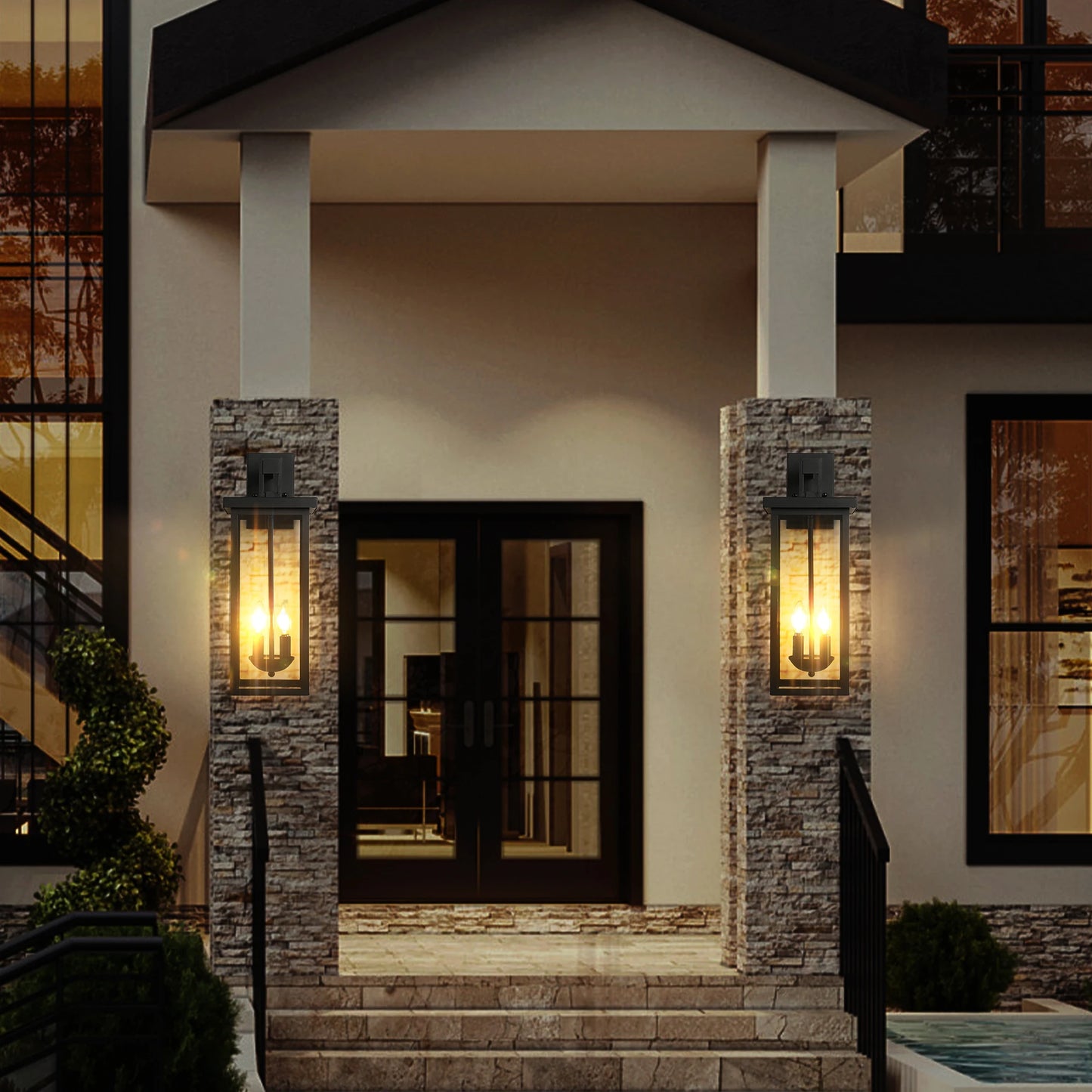 22"(H) Outdoor Wall Lantern with Dusk to Dawn Sensor Matte Black Finish Clear Glass Panels Weatherproof Exterior Light