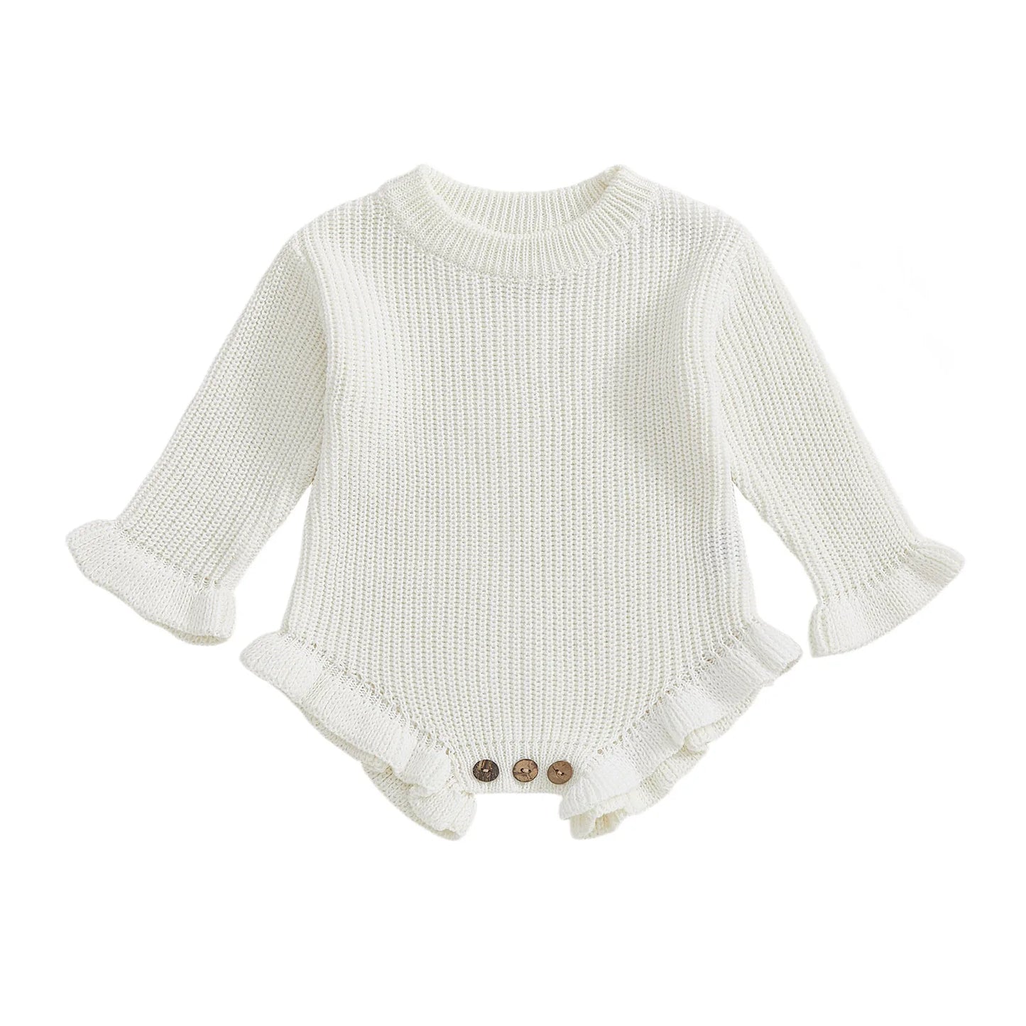 Infant Autumn Knitted Bodysuit with Ruffled Sleeves and Round Neckline Solid Color Sweater Jumpsuit for Baby Girls