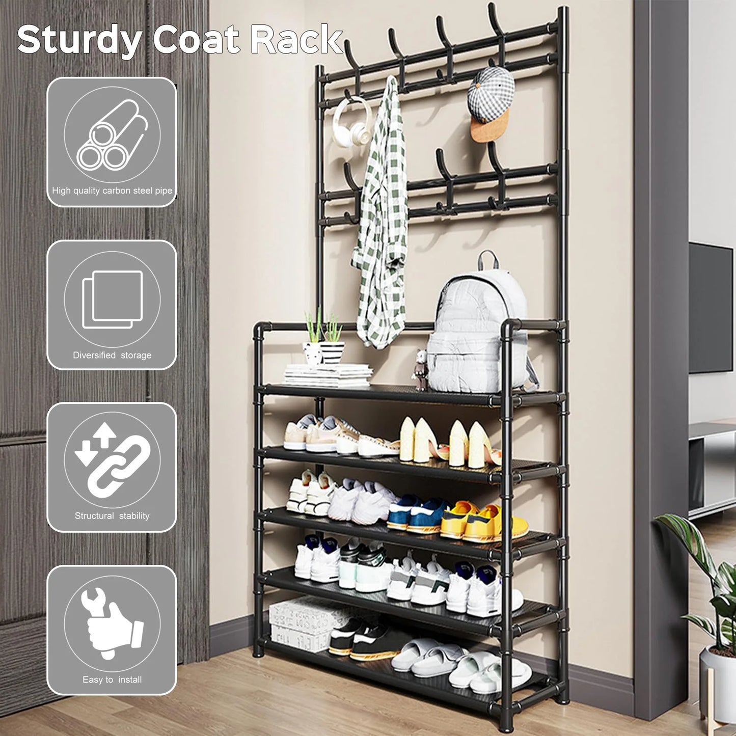 Coat Rack with Shoe Rack Organizer, 3-in-1 Metal Hall Tree with 5-Tier Shelf and 8 Removable Hooks, Freestanding Coat Shoe Rack