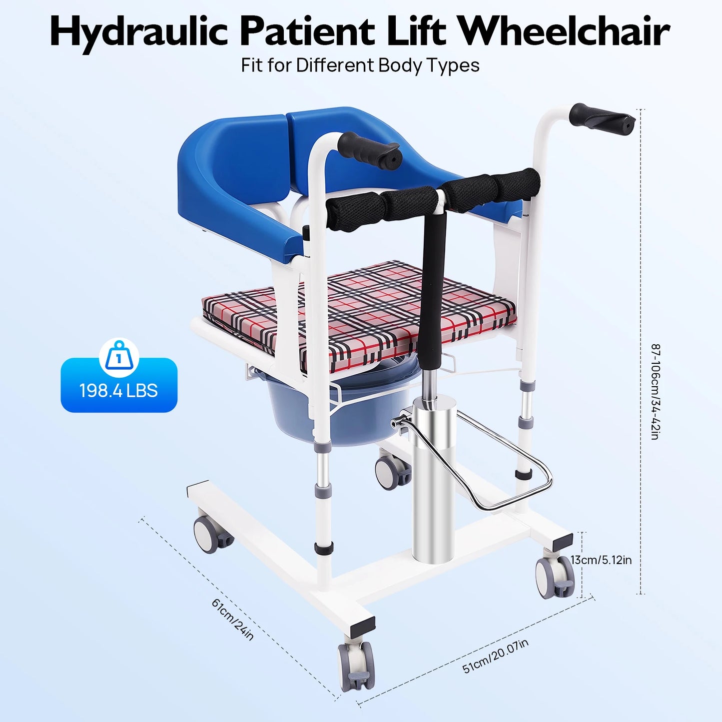 Hydraulic Patient Lifting Wheelchair 198.4lbs Load Portable Potty Transport Wheelchair 16.5-24in Adjustable Height 180° Backrest