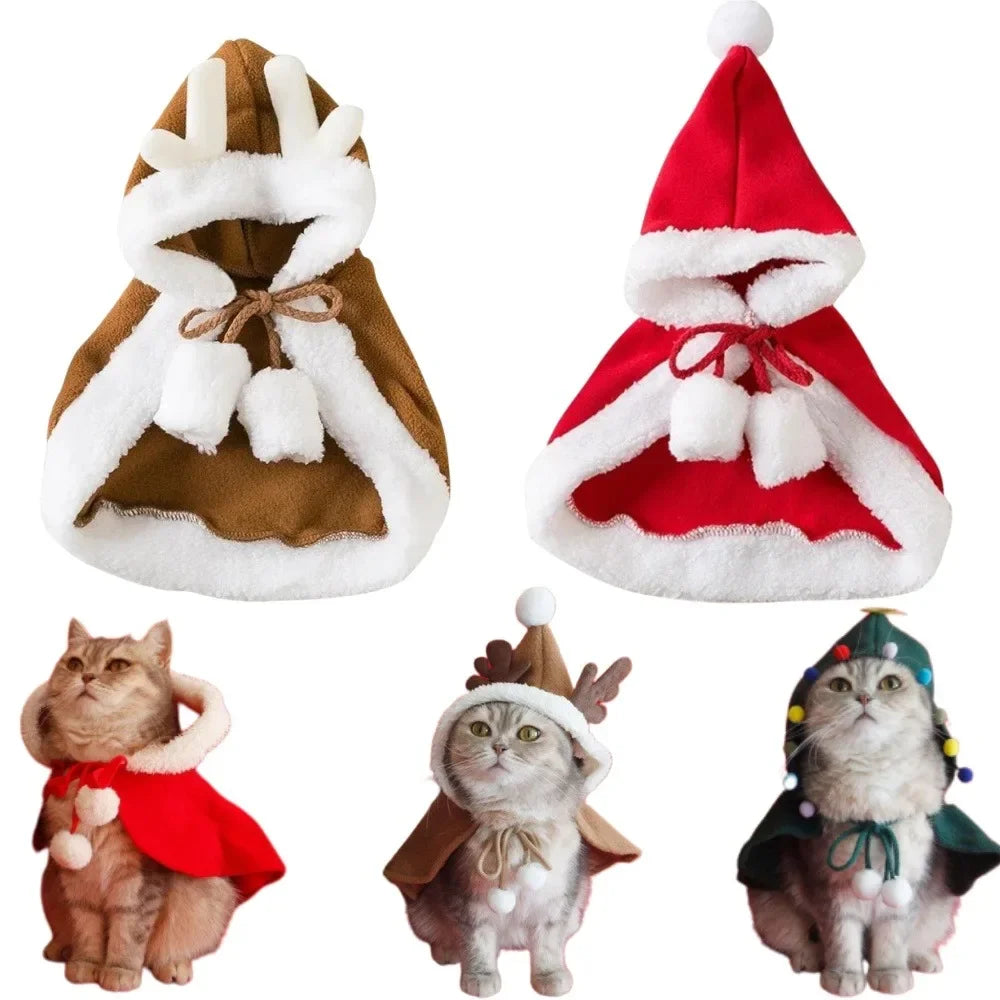 Funny Cat Christmas Costume Santa Cosplay Pet Christmas Cape Dress Up Clothes Warm Red Scarf Cloak With Hat Pet Accessories