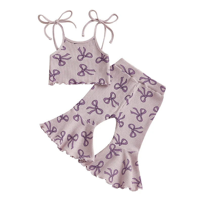 Girls Summer Outfits Adorable Bowknot Print Tie-Up Spaghetti Strap Sleeveless Tank Top with Flare Pants - 2 Piece Clothing Set