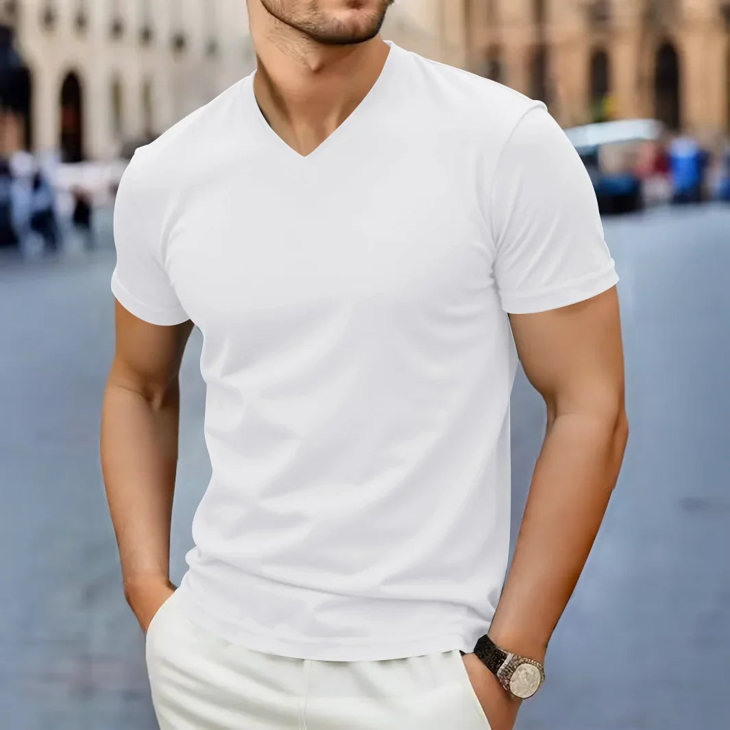 2025 New Men's Casual Fashion Simple V-neck Short Sleeved T-shirt Summer Comfortable Breathable Versatile Top